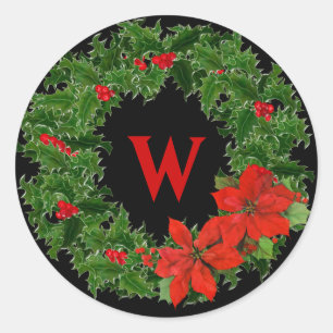 Monogram Holly Krans Kerstmis op Zwart Ronde Sticker