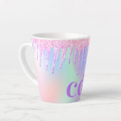 Monogram holografisch roze paarse druppels latte mok (Linkerhoek)