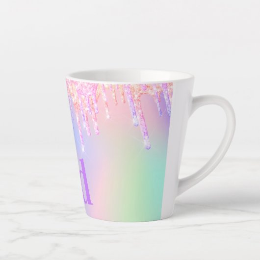 Monogram holografisch roze paarse druppels latte mok (Rechts)