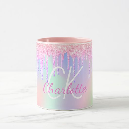 Monogram holografisch unicorn glitter regenboognaa mok (Midden)