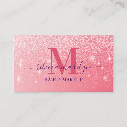 Monogram Holographic Signature Script Pink Glitter Visitekaartje (Voorkant)