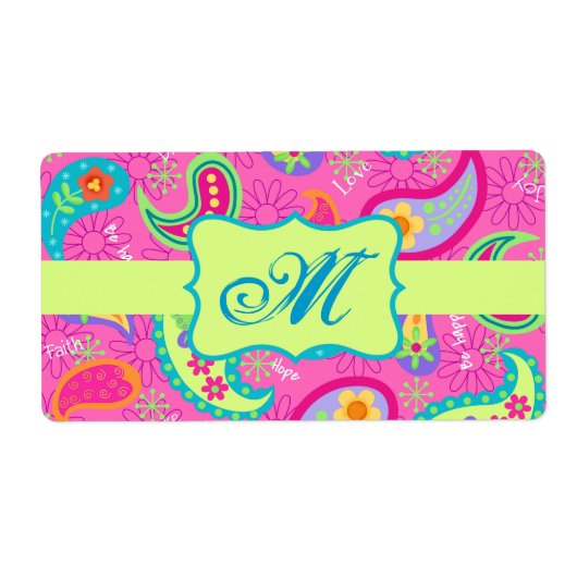 Monogram Hot Pin Fuchsia Modern Paisley Pattern Etiket (Voorkant)