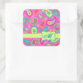 Monogram Hot Pin Fuchsia Modern Paisley Pattern Vierkante Sticker (Tas)