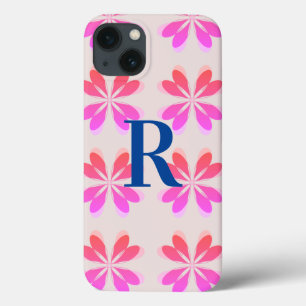 Monogram Hot Pink Blue Retro Flower Patroon iPhone 13 Hoesje