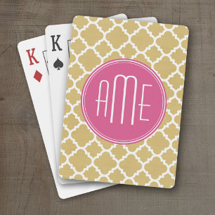 Monogram Hot Pink en Gold Quatrefoil Pattern Speelkaarten