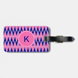 Monogram Hot Pink en Navy Blue Zigzag Pattern Bagagelabel