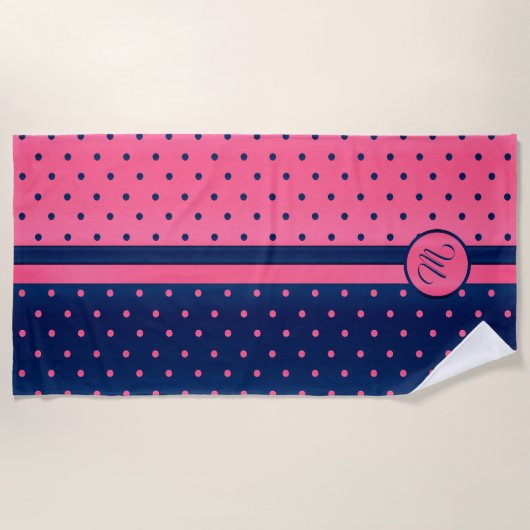 Monogram Hot Pink en Navy Polka Dot Pattern Strandlaken (Voorkant)