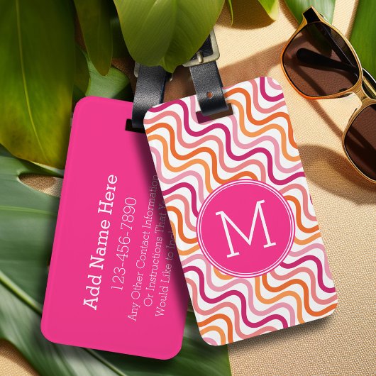 Monogram Hot Pink en Oranje Chevron Wave Pattern Bagagelabel