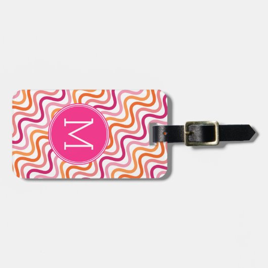Monogram Hot Pink en Oranje Chevron Wave Pattern Bagagelabel (Voorkant horizontaal)