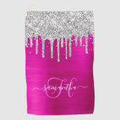 Monogram Hot Pink en zilver Dripping Glitter Golfhanddoek (Voorkant)