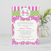 Monogram Hot Pink Green Baby shower Invitation Kaart (Staand voorkant)