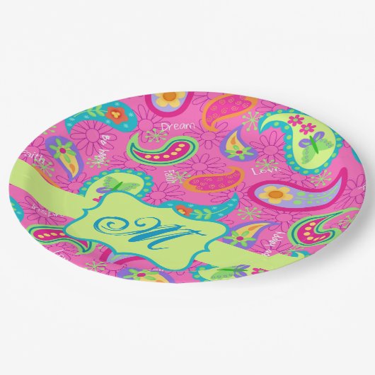 Monogram Hot Pink Modern Paisley Pattern Papieren Bordje (Gekanteld)