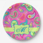 Monogram Hot Pink Modern Paisley Pattern Papieren Bordje (Voorkant)