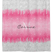 Monogram Hot Pink Ombre Glitter Silver Icing Drip Douchegordijn (Voorkant)