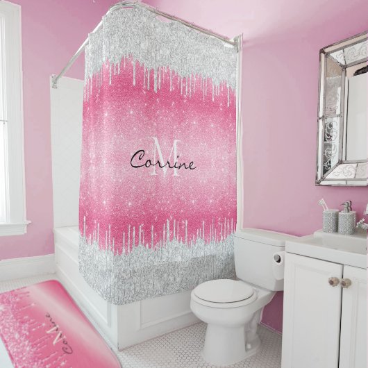 Monogram Hot Pink Ombre Glitter Silver Icing Drip Douchegordijn