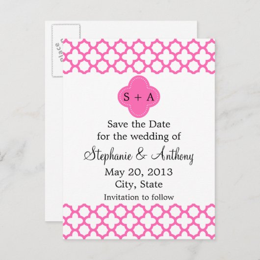 Monogram Hot Pink Quatrefoil Opslaan Datum Aankondigingskaart (Voorkant / Achterkant)