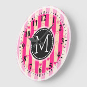 Monogram Hot Pink Stripes Modern Heart Pattern Grote Klok (Hoek)