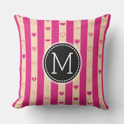 Monogram Hot Pink Stripes Modern Heart Pattern Kussen (Voorkant)