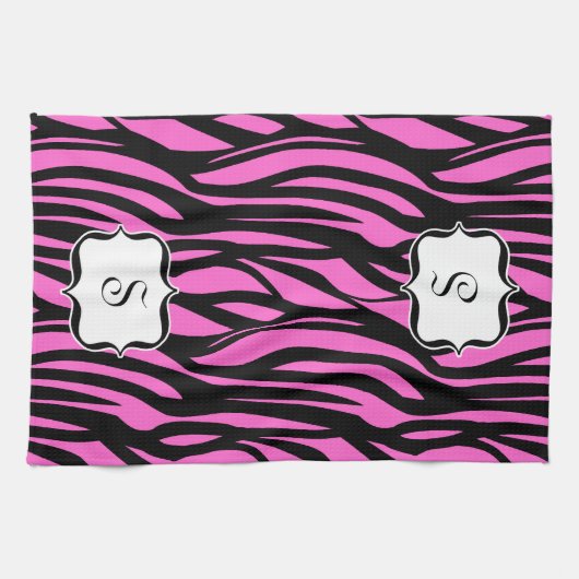 Monogram Hot Pink Zebra Print Keukenhanddoek (Horizontaal)