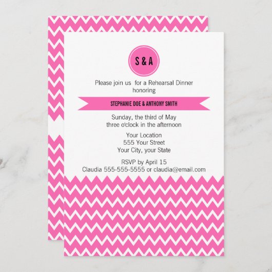 Monogram Hot Pink Zigzag Pattern Rehearsal Dinner Kaart (Voorkant / Achterkant)