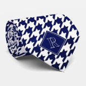 Monogram Houndstooth Patroon Wit & Blauw Hout Stropdas (Opgerold)