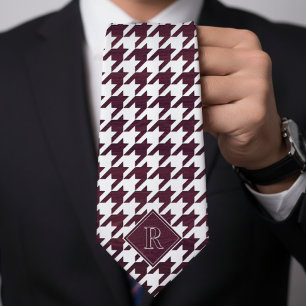 Monogram Houndstooth Patroon Wit & Burgundy Hout Stropdas