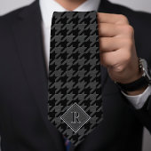 Monogram Houndstooth Pattern Black & Grey Wood Stropdas