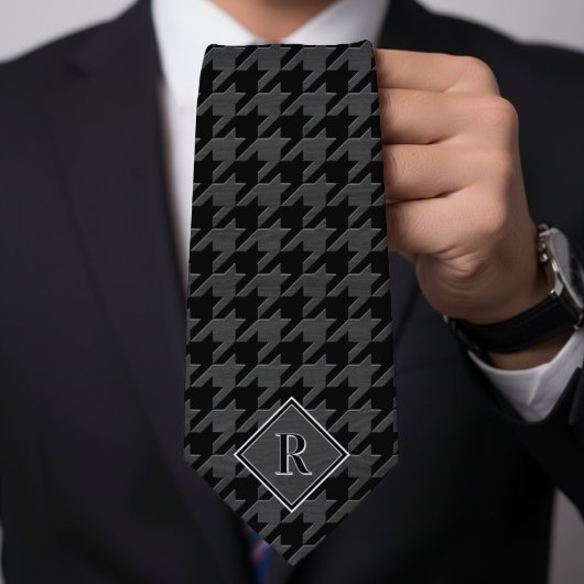Monogram Houndstooth Pattern Black & Grey Wood Stropdas