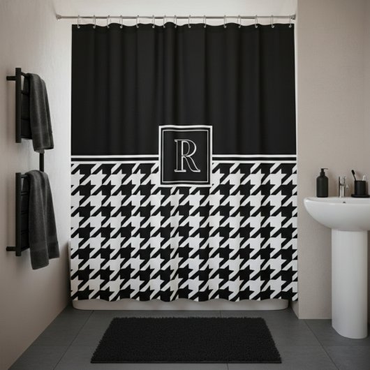 Monogram Houndstooth Pattern Black & White Douchegordijn