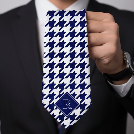 Monogram Houndstooth Pattern White & Blue Wood Stropdas
