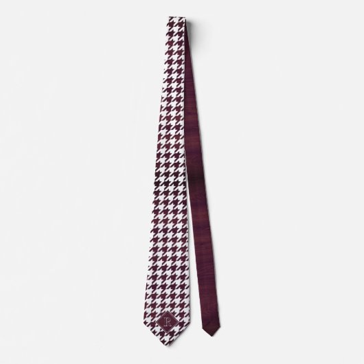 Monogram Houndstooth Pattern White & Burgundy Wood Stropdas (Voorkant)