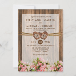 Monogram hout Harten met roze en witte rozen Kaart