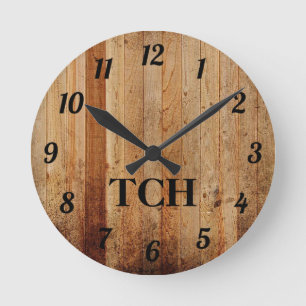 Monogram hout robuuste landelijke bruine zwarte ronde klok