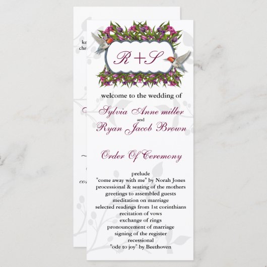 MONOGRAM humming birds Wedding programma (Voorkant / Achterkant)