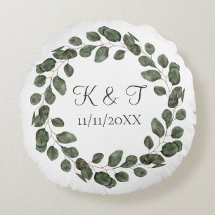 Monogram huwelijksdatum Eucalyptusbladeren Elegant Rond Kussen