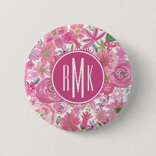 Monogram I Do Pink Waterverf Floral Pattern Ronde Button 5,7 Cm
