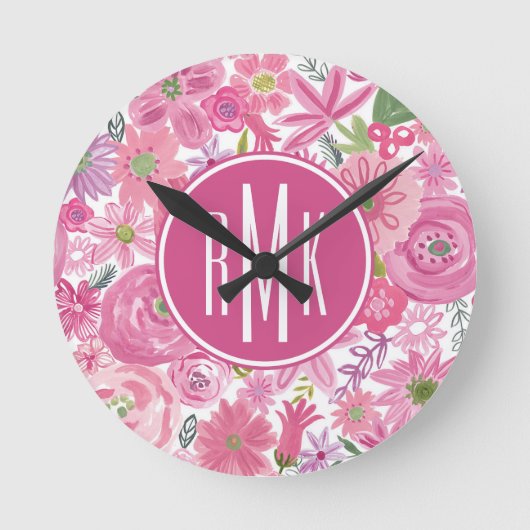 Monogram | I Do Pink Waterverf Floral Pattern Ronde Klok (Voorkant)