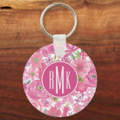 Monogram | I Do Pink Waterverf Floral Pattern Sleutelhanger (Voorkant)