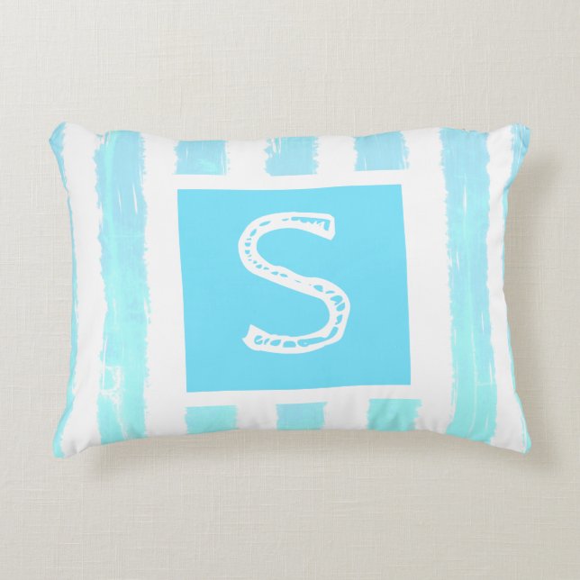 Monogram Ice Blue White Waterverf Stripes Accent Kussen (Voorkant)