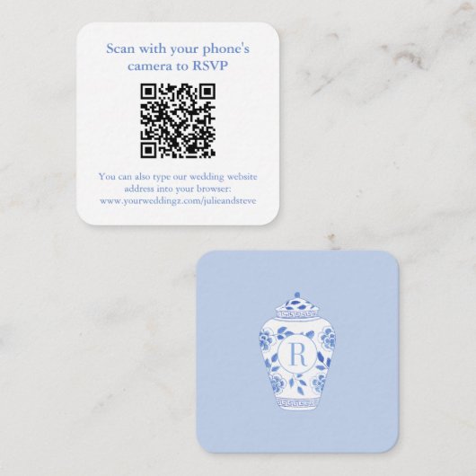 Monogram Iets Blauw Bruiloft Douche QR RSVP Informatiekaartje (Voorkant / Achterkant)