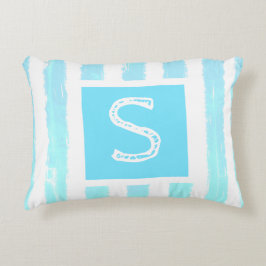 Monogram Ijs Blauw Wit Waterverf Strepen Accent Kussen