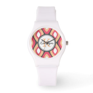 Monogram Ikat Diamonds Pattern Pink Grey Horloge