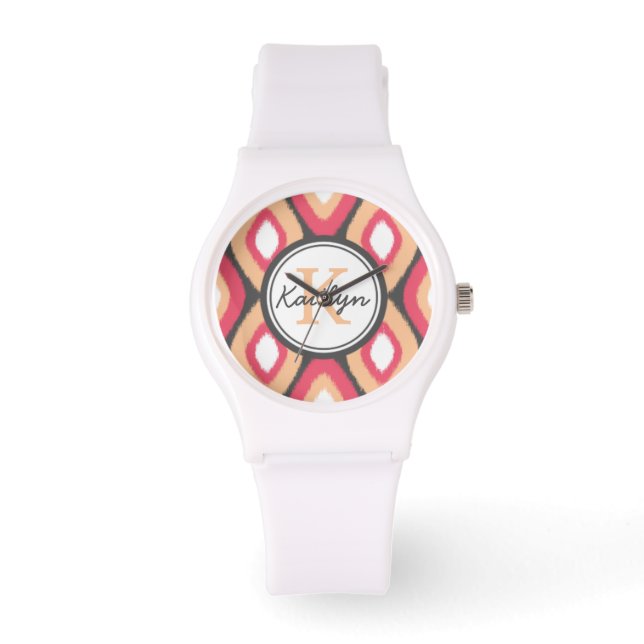 Monogram Ikat Diamonds Pattern Pink Grey Horloge (Voorkant)