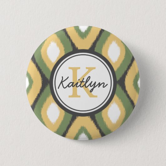 Monogram Ikat Diamonds Pattern Sage Yellow Ronde Button 5,7 Cm (Voorkant)