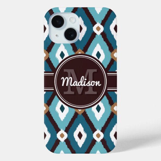 Monogram Ikat Patroon Blauw en Bruin Case-Mate iPhone Case (Achterkant)