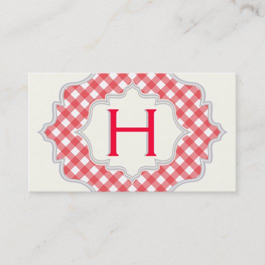 Monogram in een lijst met rode, witte gingham visitekaartje (Voorkant)