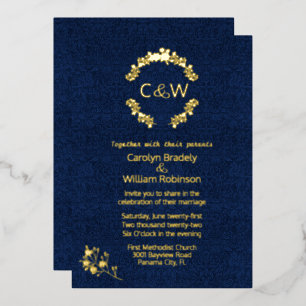 Monogram in Floral Wreath Blue Damask Wedding Folie Uitnodiging
