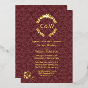 Monogram in Floral Wreath Wine Damask Wedding Folie Uitnodiging