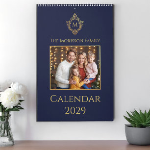 Monogram in marineblauw en goud Elegante familiefo Kalender