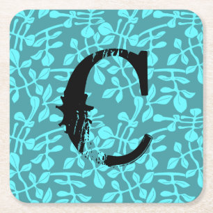 Monogram in nood op aqua gestileerde bladeren vierkante kartonnen onderzetter